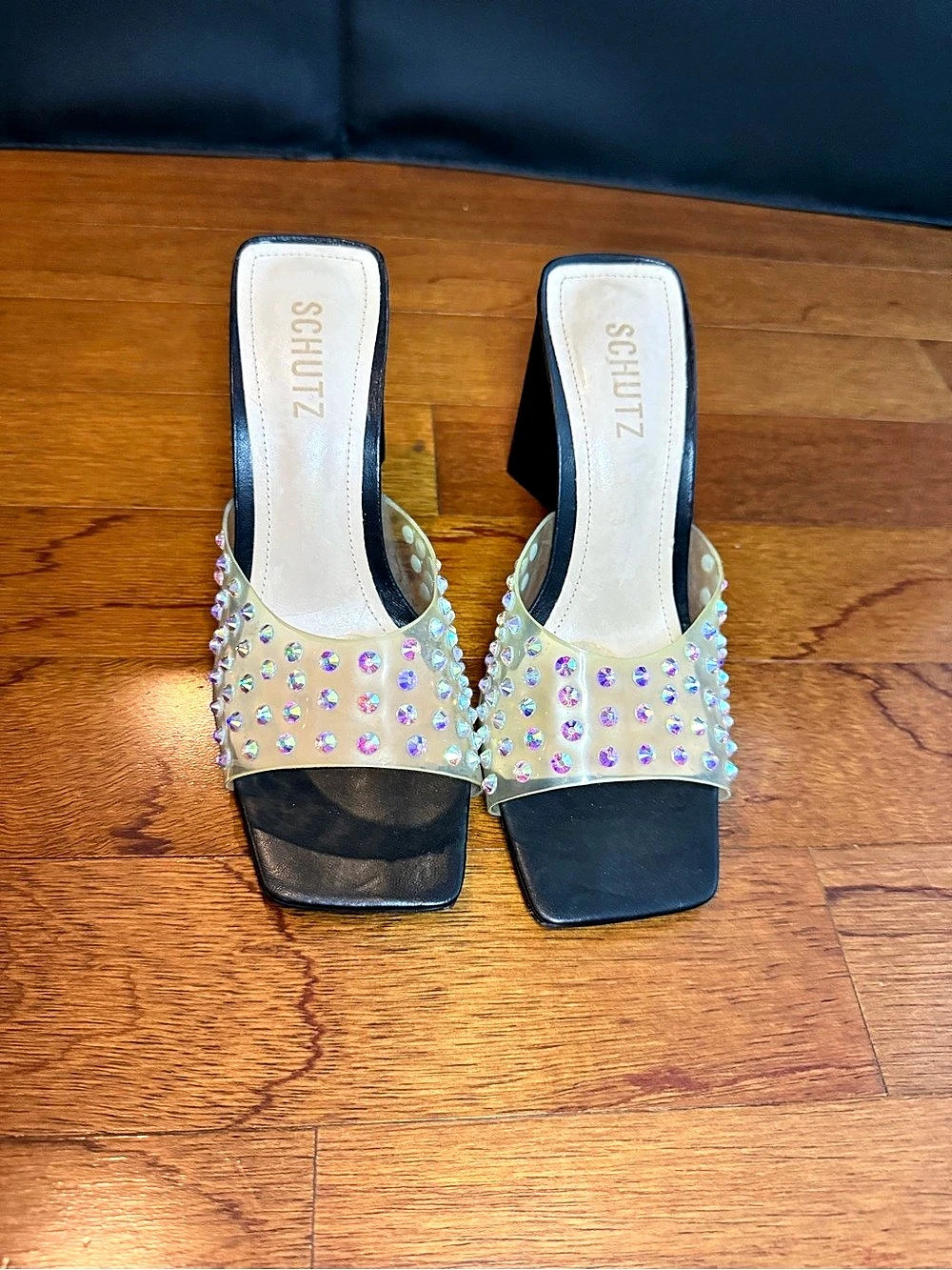 SCHUTZ Rhinestone Block Heel Mules in Black & Silver